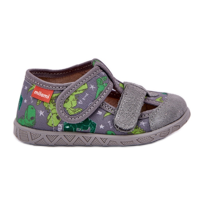 Papuci pentru copii pentru Velcro în dinozauri de culoare verde-gri