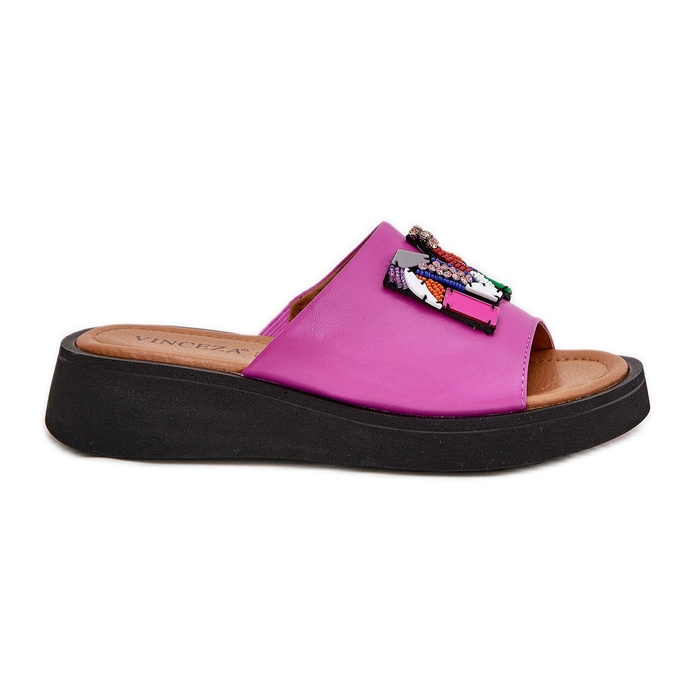 Vinceza Flip -flops din piele pentru femei cu un ornament al Fuchsia roz