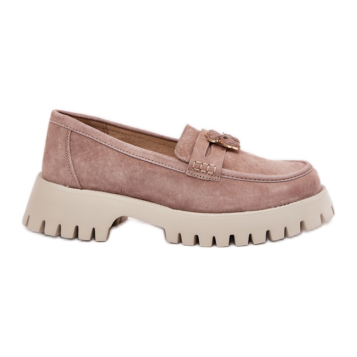 Mocasinele din piele de căprioară pentru femei cu pini Vinceza 79533 bej