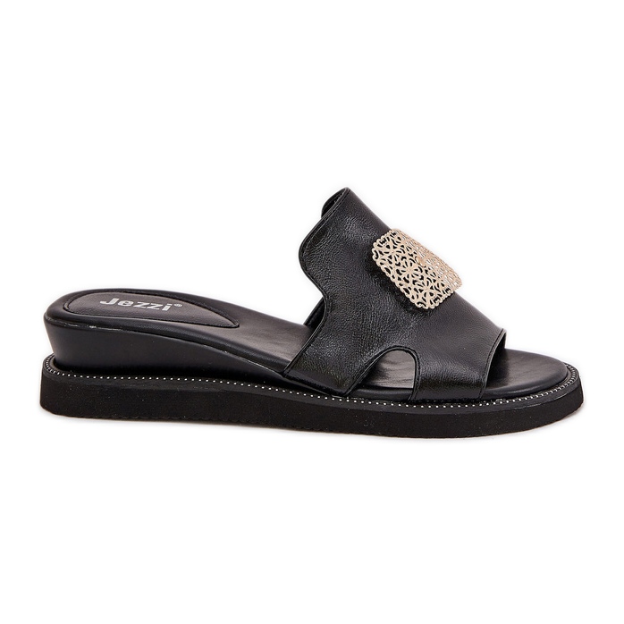 Jezzi Flip -flops pentru femei pe pană din piele anchoică cu decor negru Jezzi Flip -flops pentru femei pe pană din piele anchoică cu decor negru