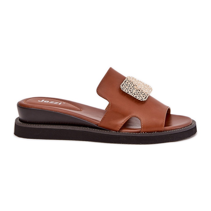 Jezzi Flip -flops pentru femei pe pană din piele anchoică cu decor maroniu Jezzi Flip -flops pentru femei pe pană din piele anchoică cu decor maroniu