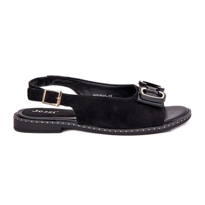 Jezzi Sandale plate cu decorare eco eco din piele neagră negru Jezzi Sandale plate cu decorare eco eco din piele neagră negru