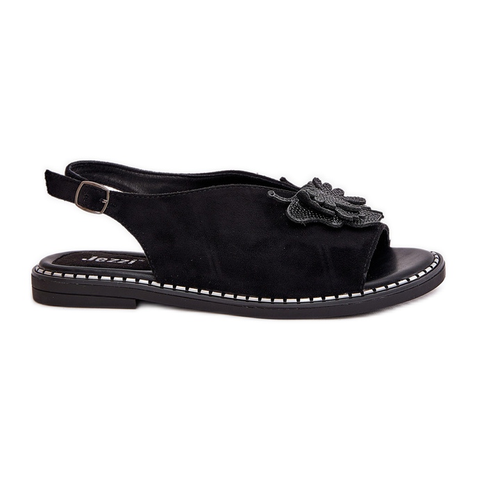Jezzi Sandale pentru femei cu o flatară cu o decorare neagră negru Jezzi Sandale pentru femei cu o flatară cu o decorare neagră negru
