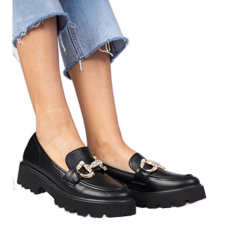 Mocasini eleganti negri cu zirconi negru