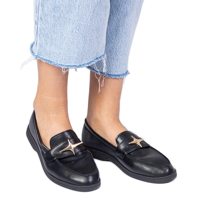 Mocasini de dama negri cu decor auriu negru