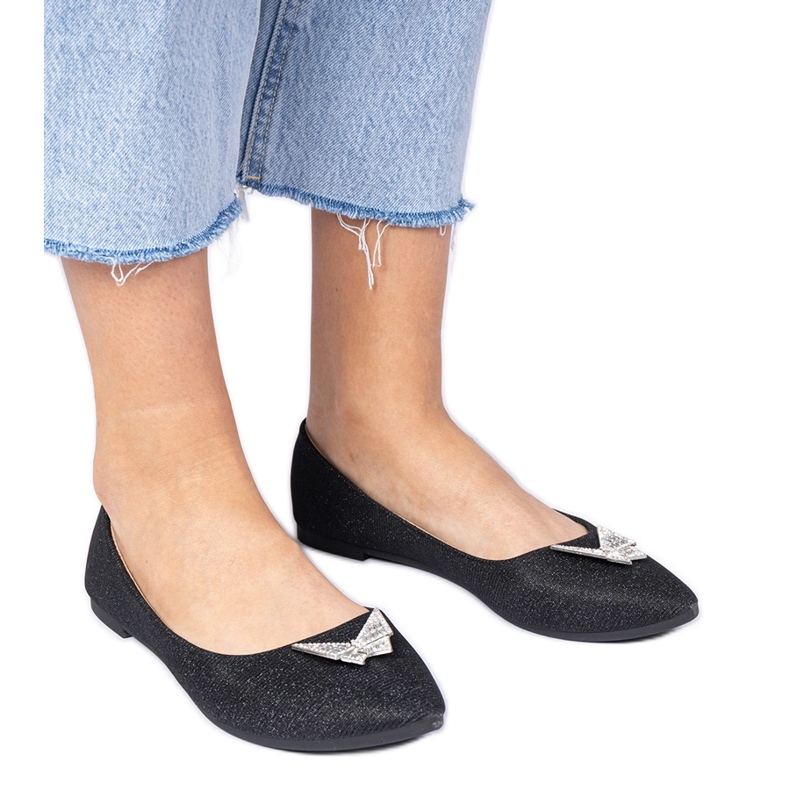 Ballerine de sclipici pentru femei negre cu un fluture negru