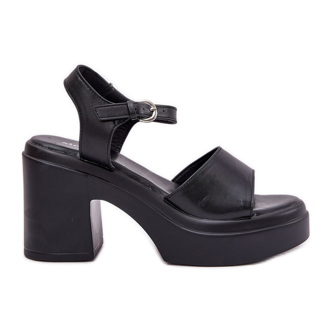 Sandale pentru femei pe o postare masivă și o platformă cu piele ecologică neagră negru