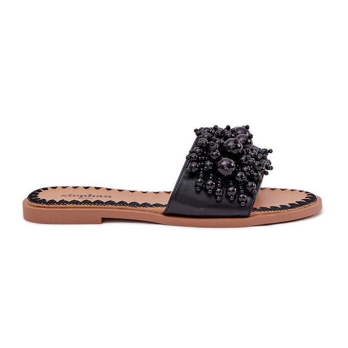 Papuci pentru femei plate cu mărgele decorative Black Beads negru Papuci pentru femei plate cu mărgele decorative Black Beads negru