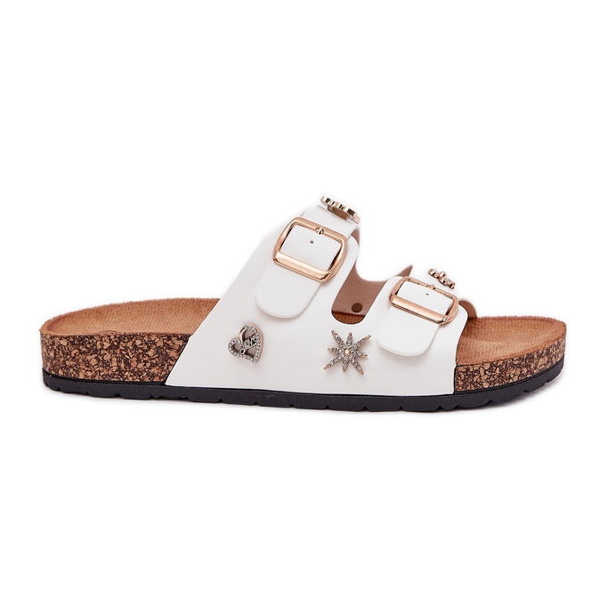 Flip -flops pentru femei pe o talpă de plută cu catarame și pini alb Flip -flops pentru femei pe o talpă de plută cu catarame și pini alb