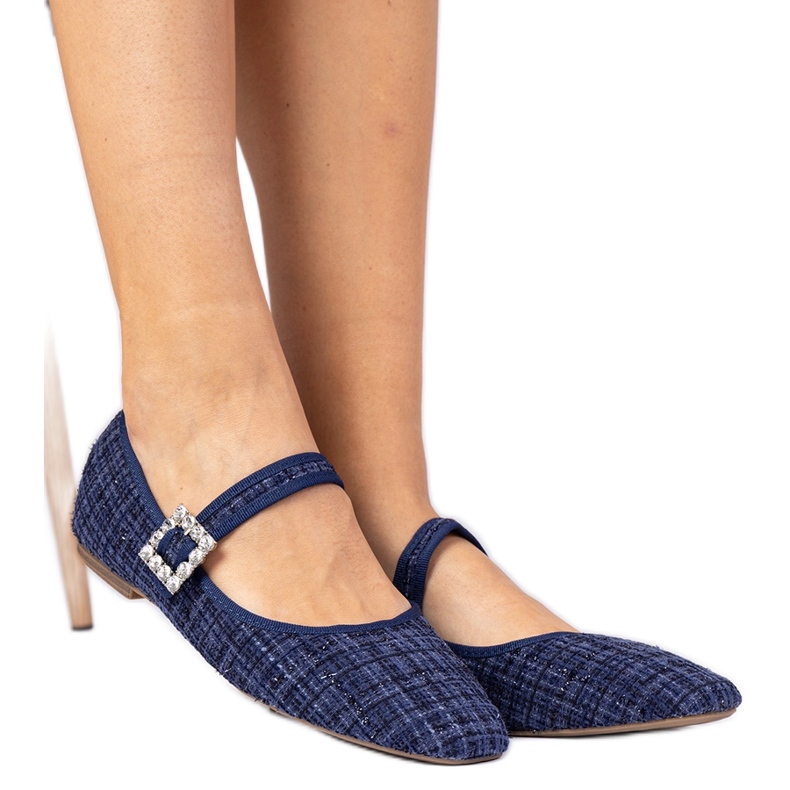 Ballerine pentru femei albastre bleumarin cu cataramă și cristaliki albastru Ballerine pentru femei albastre bleumarin cu cataramă și cristaliki albastru