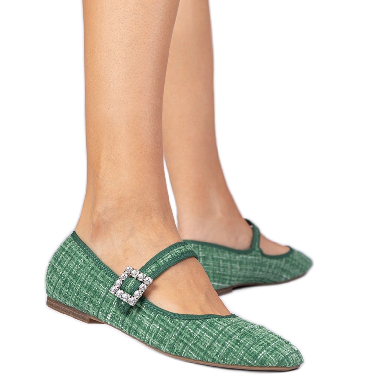 Balerinele pentru femei verzi cu cataramă și cristale verde
