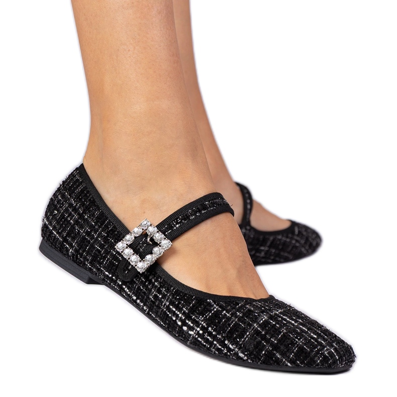 Balerinele pentru femei negre cu cataramă și cristale negru