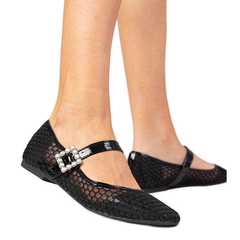 Balerine cu plasă neagră cu clemă și cristal negru Balerine cu plasă neagră cu clemă și cristal negru