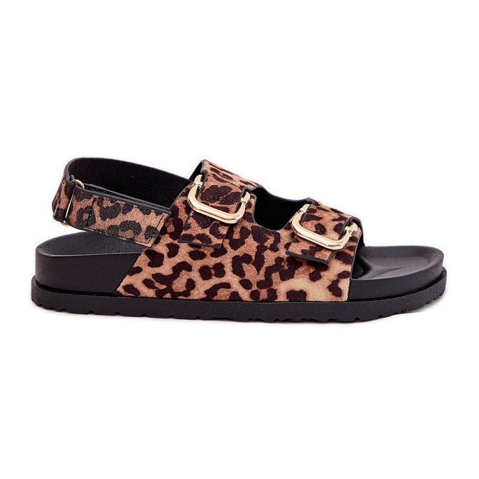 Sandale cu imprimeu leopard pentru femei cu catarame maro