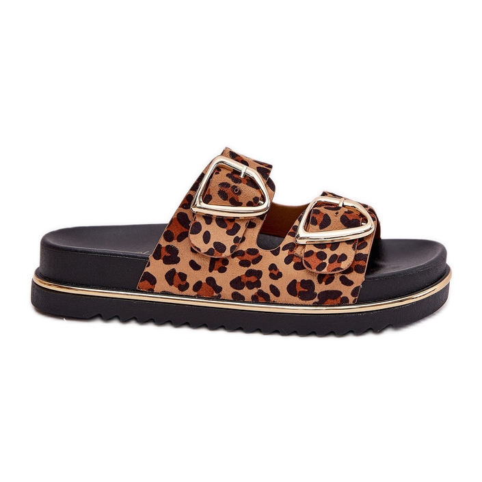 Papuci pentru femei cu imprimeu leopard pe platformă cu cleme aurii maro