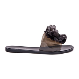 Flip -flop -uri pentru femei plate transparente cu flori artificiale negre negru