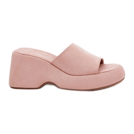 Papuci pentru femei Eco Suede pe platformă și pene roz