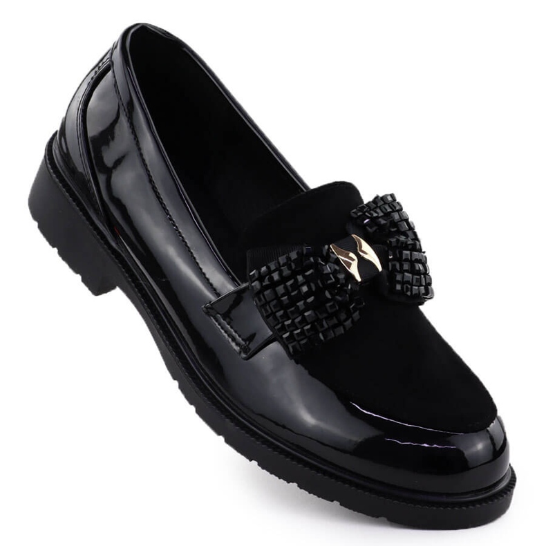 Pantofii pentru femei Moccasins lăcuși cu un arc negru s.barski hy51-319
