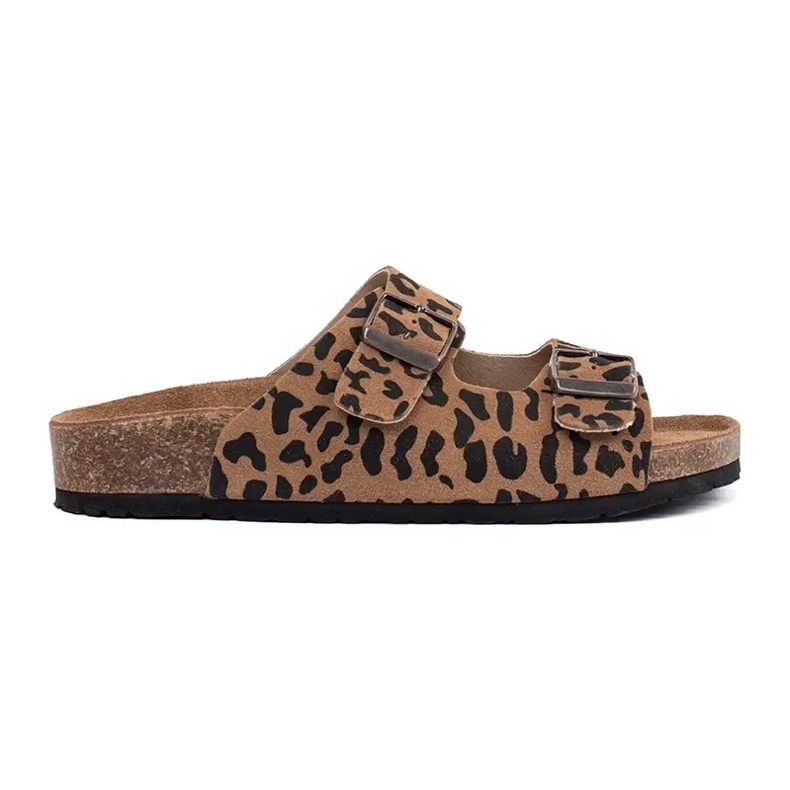Goodin Papuci din piele pentru femei cu imprimeu leopard maro Goodin Papuci din piele pentru femei cu imprimeu leopard maro