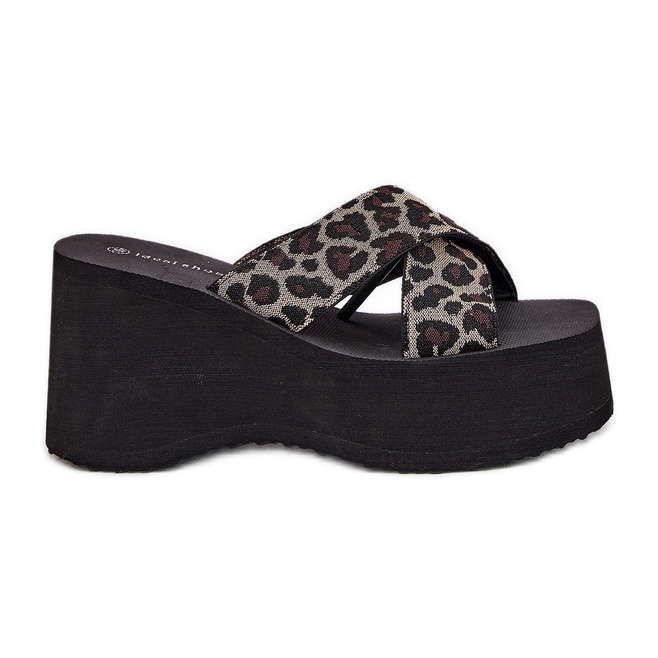 Flip -flops pentru femei pe pană și platformă leopard imprimeu negru bej