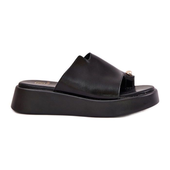 Flip -flops pentru femei pe platformă și pene joase cu un detaliu decorativ negru Flip -flops pentru femei pe platformă și pene joase cu un detaliu decorativ negru