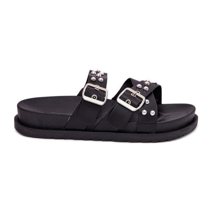 Papuci pentru femei cu știfturi și catarame negre negru Papuci pentru femei cu știfturi și catarame negre negru