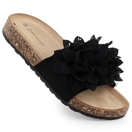 Papuci pentru femei cu flori negre Potocki Gn17301 negru Papuci pentru femei cu flori negre Potocki Gn17301 negru