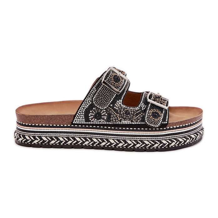 Papuci cu decorare și catarame pe platforma neagră negru Papuci cu decorare și catarame pe platforma neagră negru