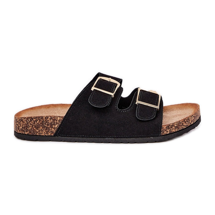 Flip -flops pentru femei pe o platformă de plută cu cleme aurii negre negru