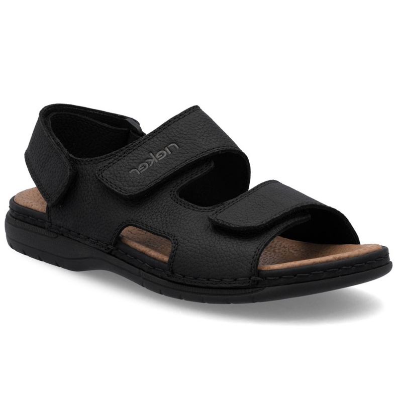 Sandale negre confortabile pentru bărbați din piele Black Rieker 25558-01 negru