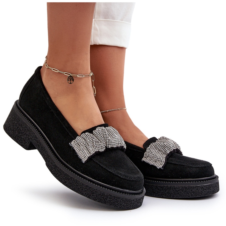 Zazoo 3419 Mocasini pentru femei Suede cu o curea decorativă cu curea neagră negru