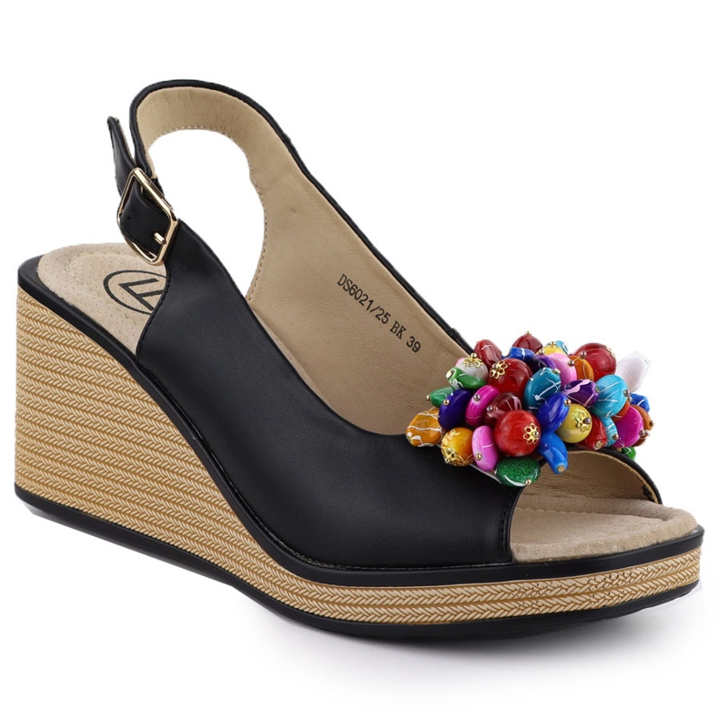 Sandale cu pană din piele cu mărgele colorate Filippo DS6021 negru