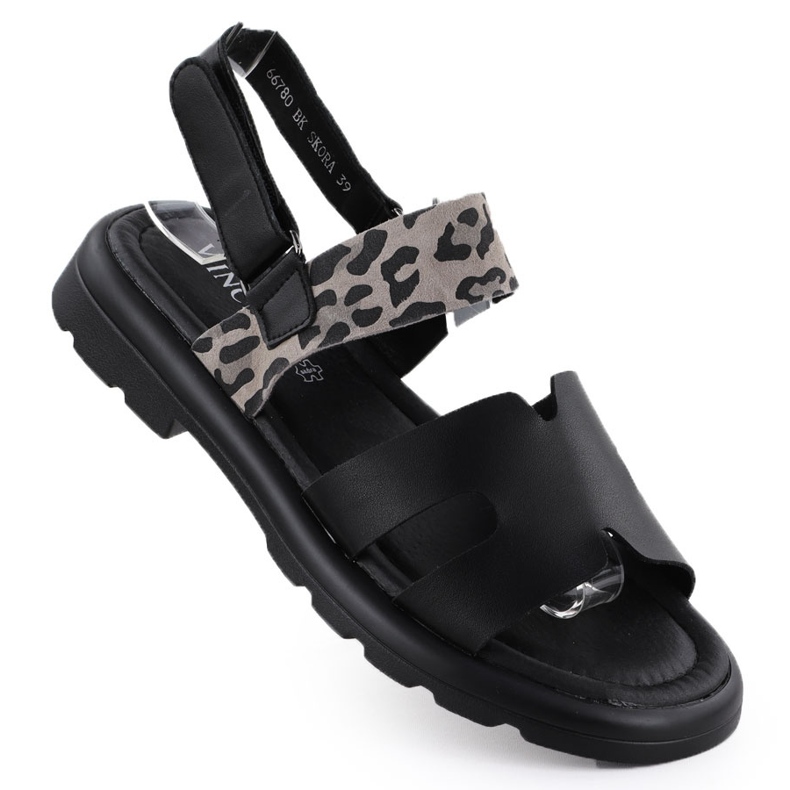 Sandale din piele pentru femei cu imprimeu leopard Vinceza 66780 negru
