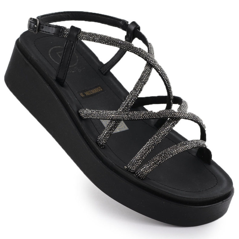 Sandale pentru femei Wedge Roman cu zircons Black Filippo DS6898 negru