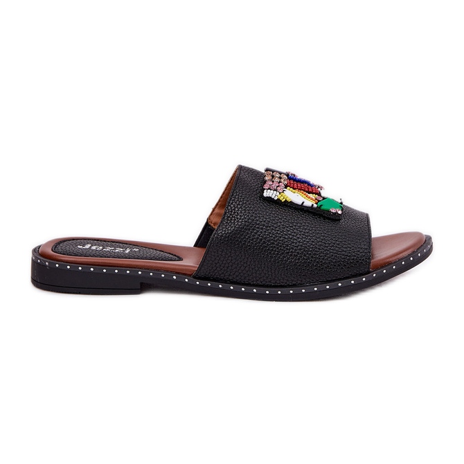 Jezzi Flip-flops pentru damă, cu toc plat, cu decor, negru