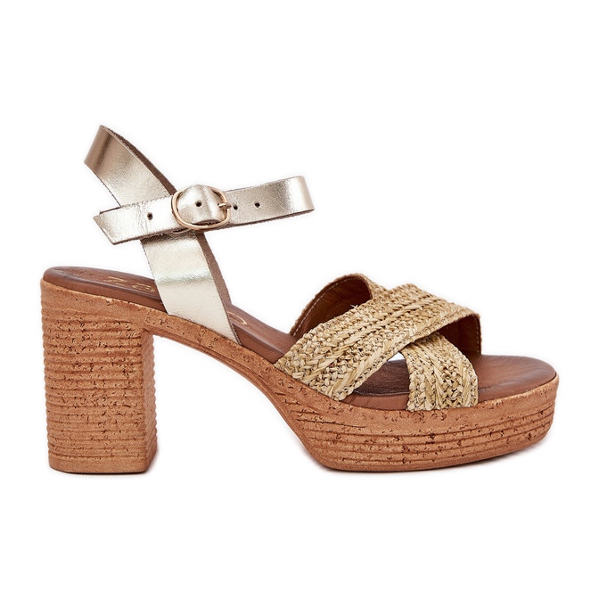 Sandale din piele pe stâlp cu împletitură pe dungi de aur Zazoo 40460