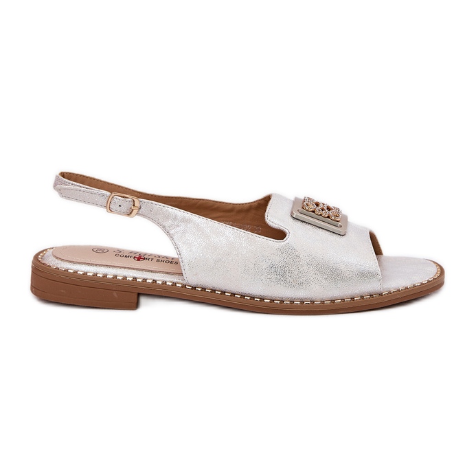 S.Barski Sandale elegante pentru femei cu toc plat cu un ornament de S. Barski KV51-082 Silver argint