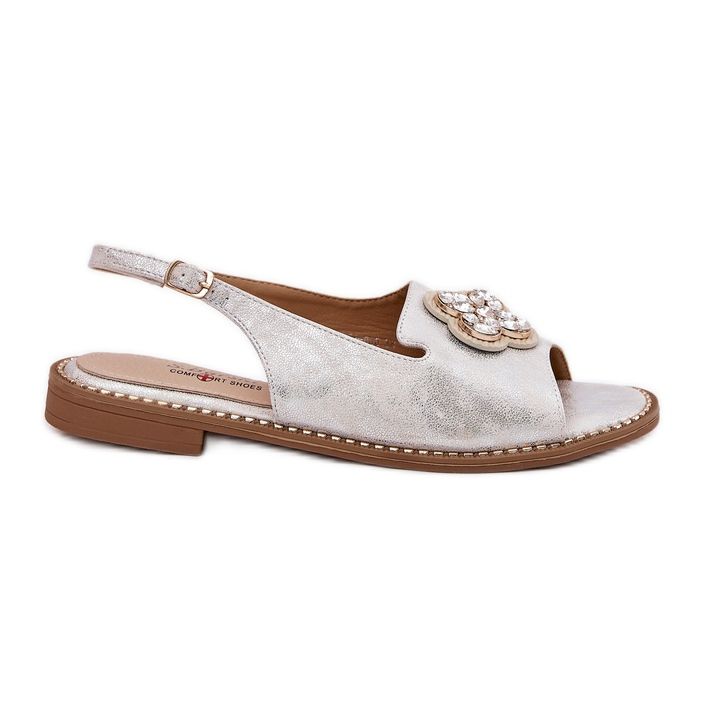 S.Barski Sandale pentru femei cu toc plat cu un detaliu decorativ S. Barski KV51-080 Silver argint