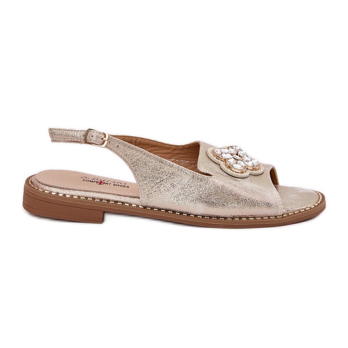 S.Barski Sandale pentru femei cu toc plat cu un detaliu decorativ S. Barski KV51-080 PLN de aur