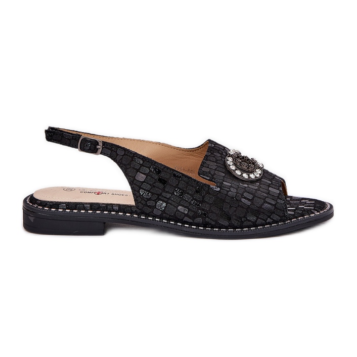 S.Barski Sandale din piele cu ornament cu toc plat S. Barski KV51-096 Negru S.Barski Sandale din piele cu ornament cu toc plat S. Barski KV51-096 Negru