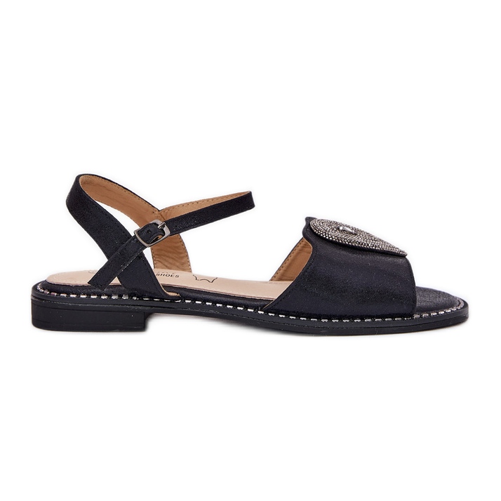 S.Barski Sandale cu toc plat cu femei cu un ornament S. Barski KV51-098 Negru S.Barski Sandale cu toc plat cu femei cu un ornament S. Barski KV51-098 Negru