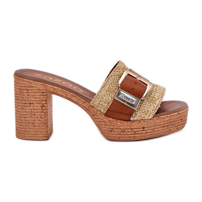 Flip -flops din piele feminină pe post cu cataramă și împletit Zazoo 40459 Brown maro