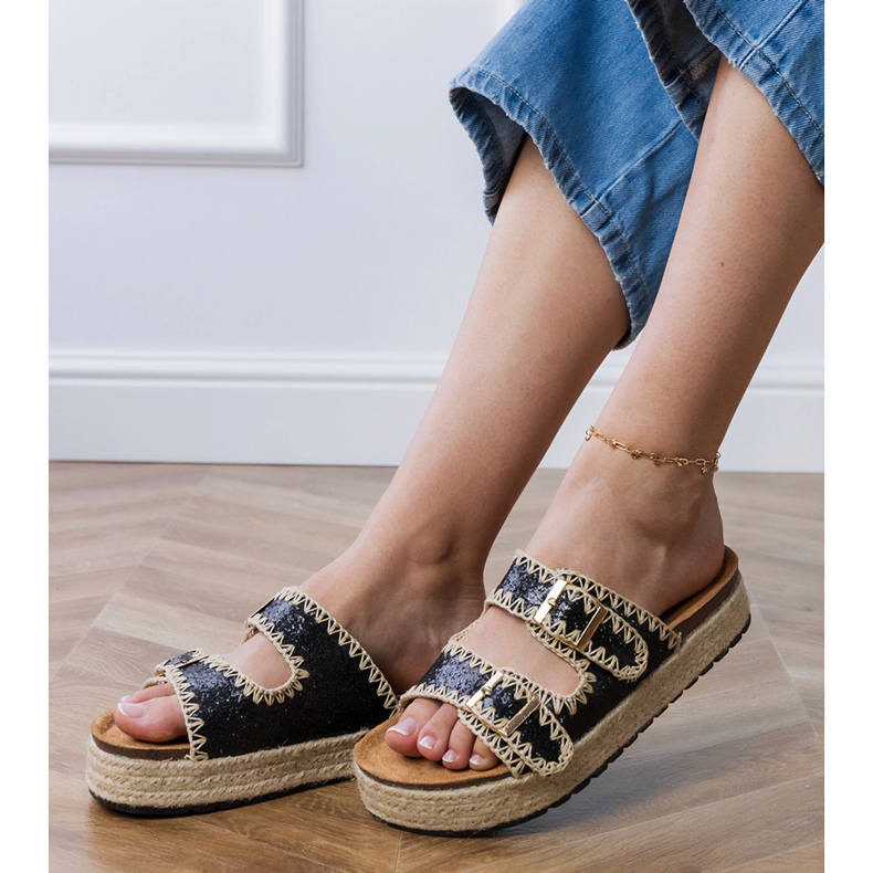 Espadrilles neagră strălucind cu catarame negru