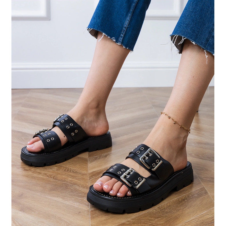 Flip -flop -uri plate negre cu cleme pe dungi negru