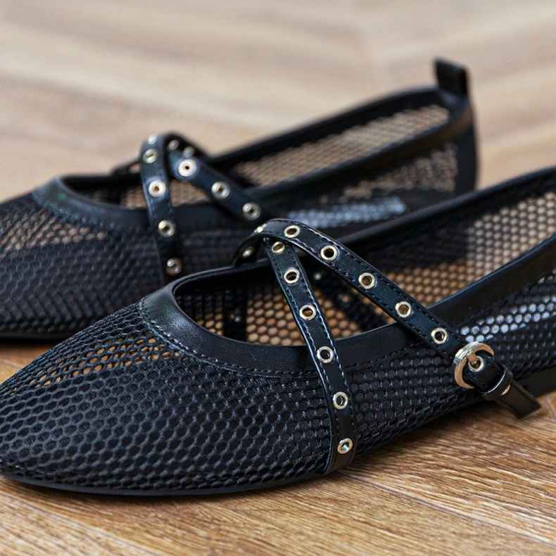 Balerine cu plasă neagră cu o cataramă decorativă negru Balerine cu plasă neagră cu o cataramă decorativă negru