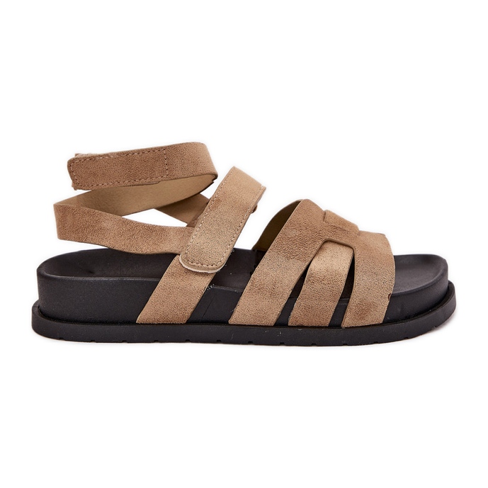 Sandale pentru femei din piele de căprioară Eco cu velcro Dark Beige bej