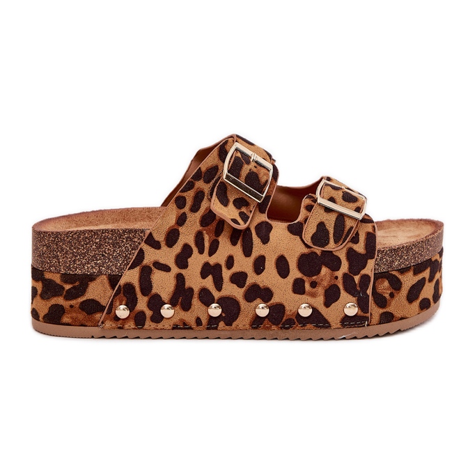 Flip -flops pentru femei cu catarame pe o platformă masivă de leopard maro Flip -flops pentru femei cu catarame pe o platformă masivă de leopard maro