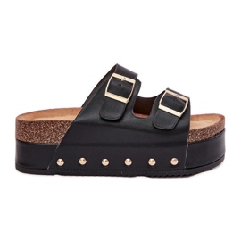 Flip -flops pentru femei cu catarame pe o platformă masivă neagră negru