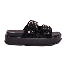 Flip -flops pentru femei cu catarame de aur pe platforma neagră negru