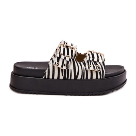 Flip -flops pentru femei cu catarame de aur pe platforma zebra alb
